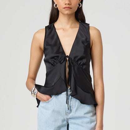 Bow Tie-up V-Neck Ruffled Hem Silky Cami Top