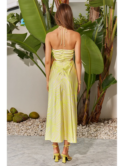 Halter Waist Cutout Zebra Midi Dress