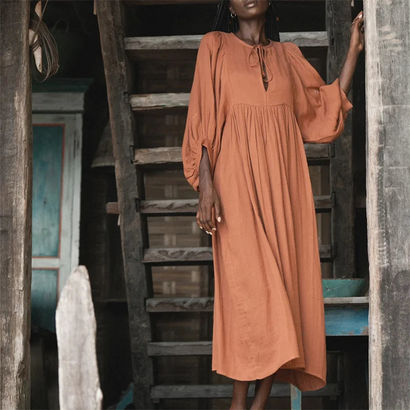 Puff Sleeve Tie Front Midi Dress