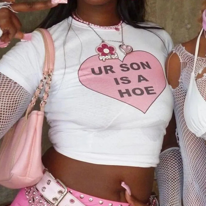 Heart-Shaped Letter Print Gothic Crop Top