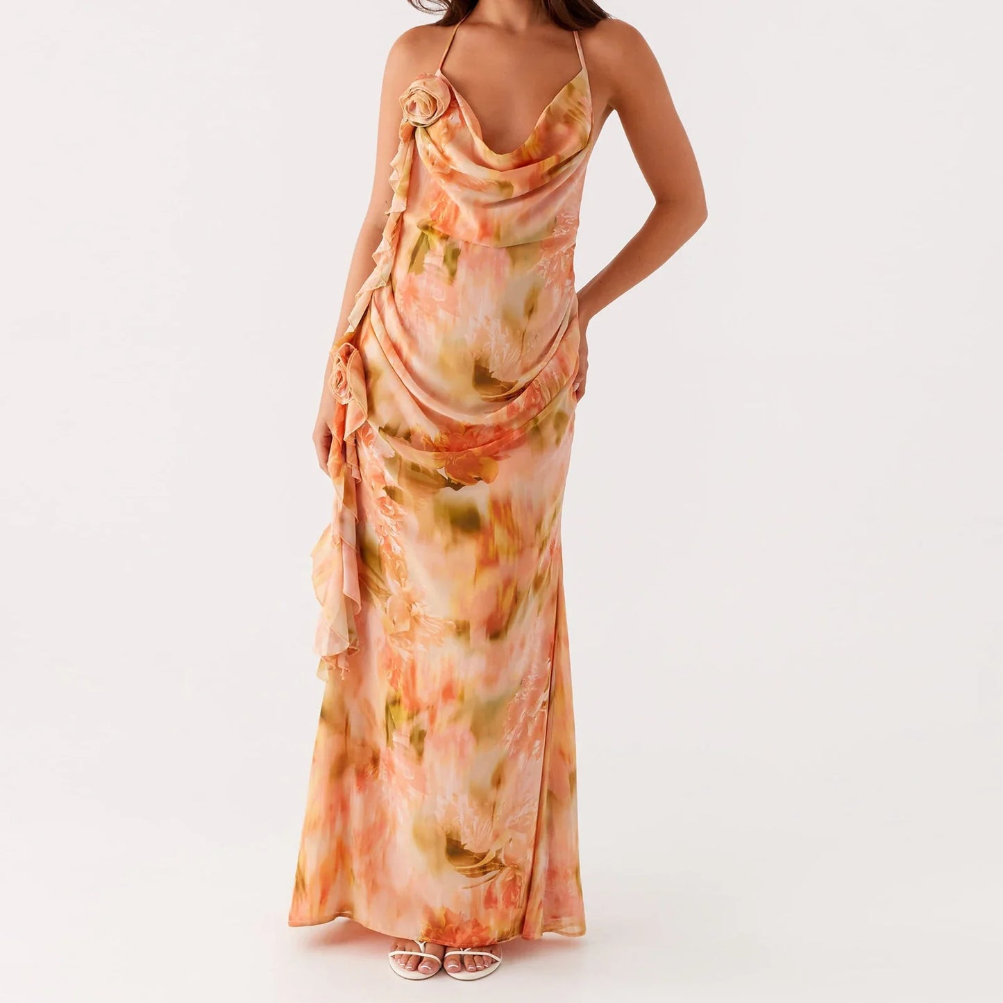 Ruffle Trim Open Back Floral Dress