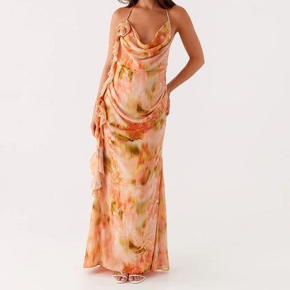 Ruffle Trim Open Back Floral Dress