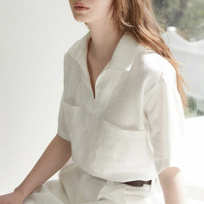 100% Linen V-neck Short Sleeve Blouse