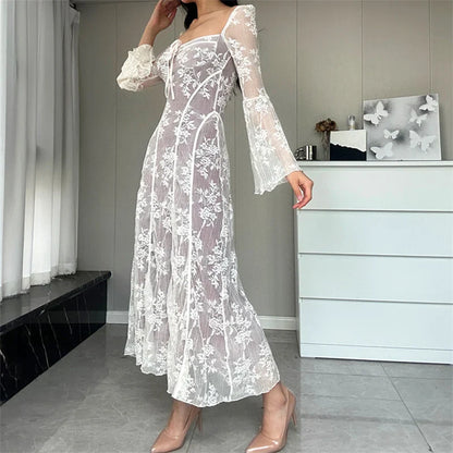 Lace Flared Sleeve A-Line Midi Dress