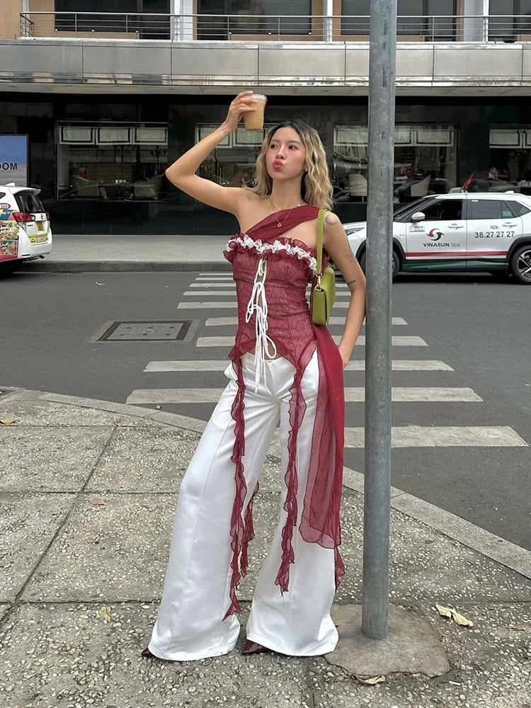 Mesh Scarf Patchwork Lace Ruffled Sheer Top