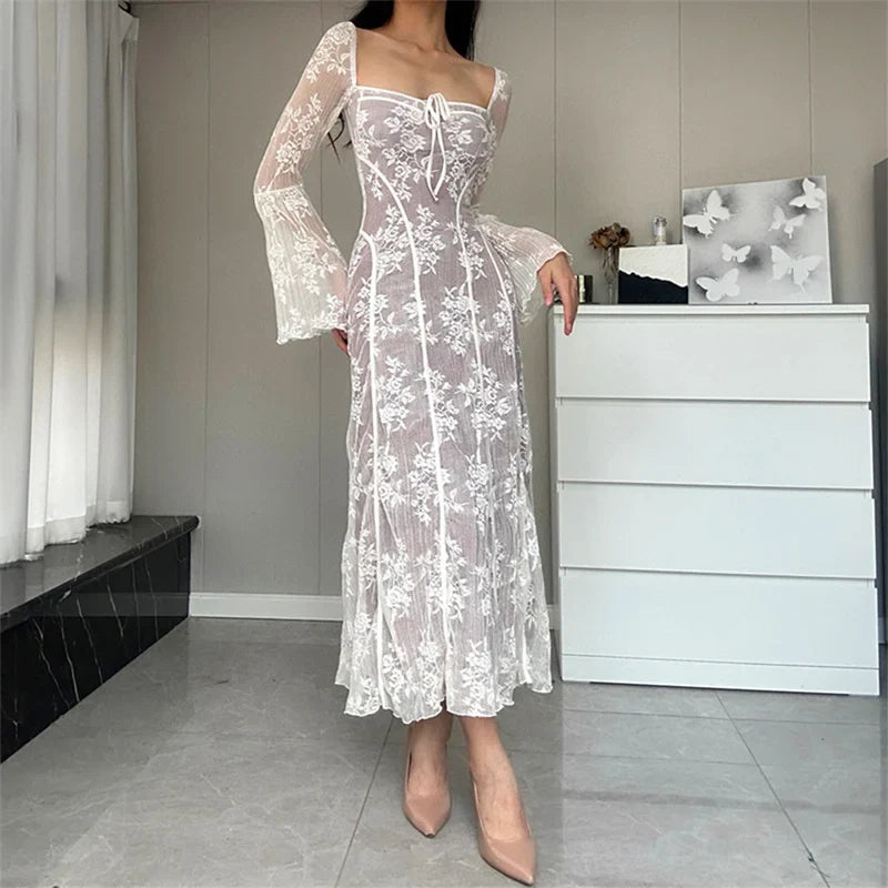 Lace Flared Sleeve A-Line Midi Dress