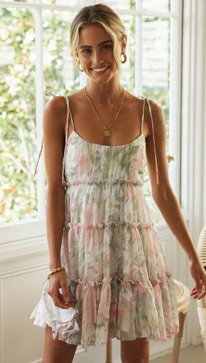 Bowknot Spaghetti Chiffon Floral Dress