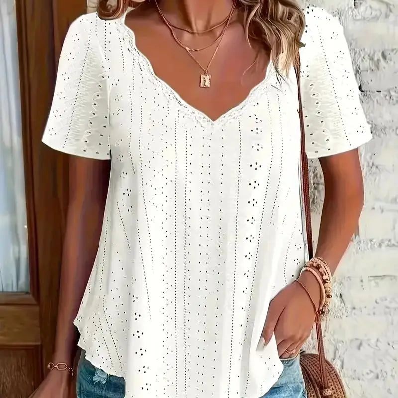 Eyelet Solid V-neck T-shirt