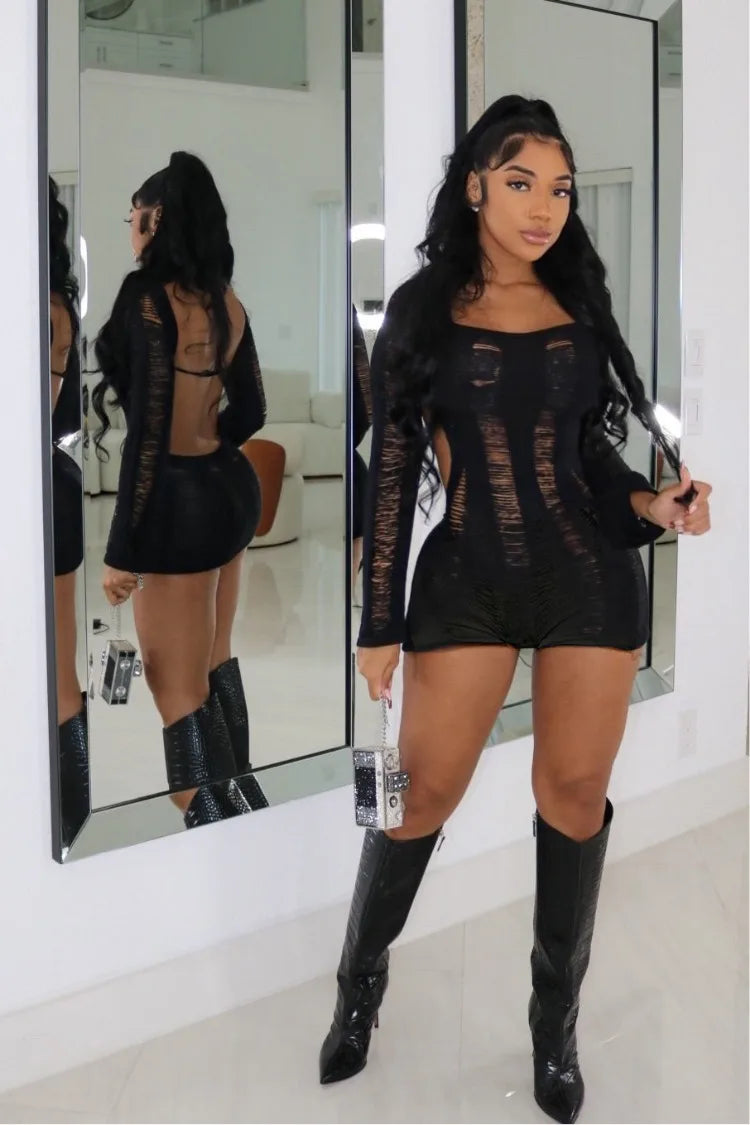 See Through Backless One Shoulder Romper