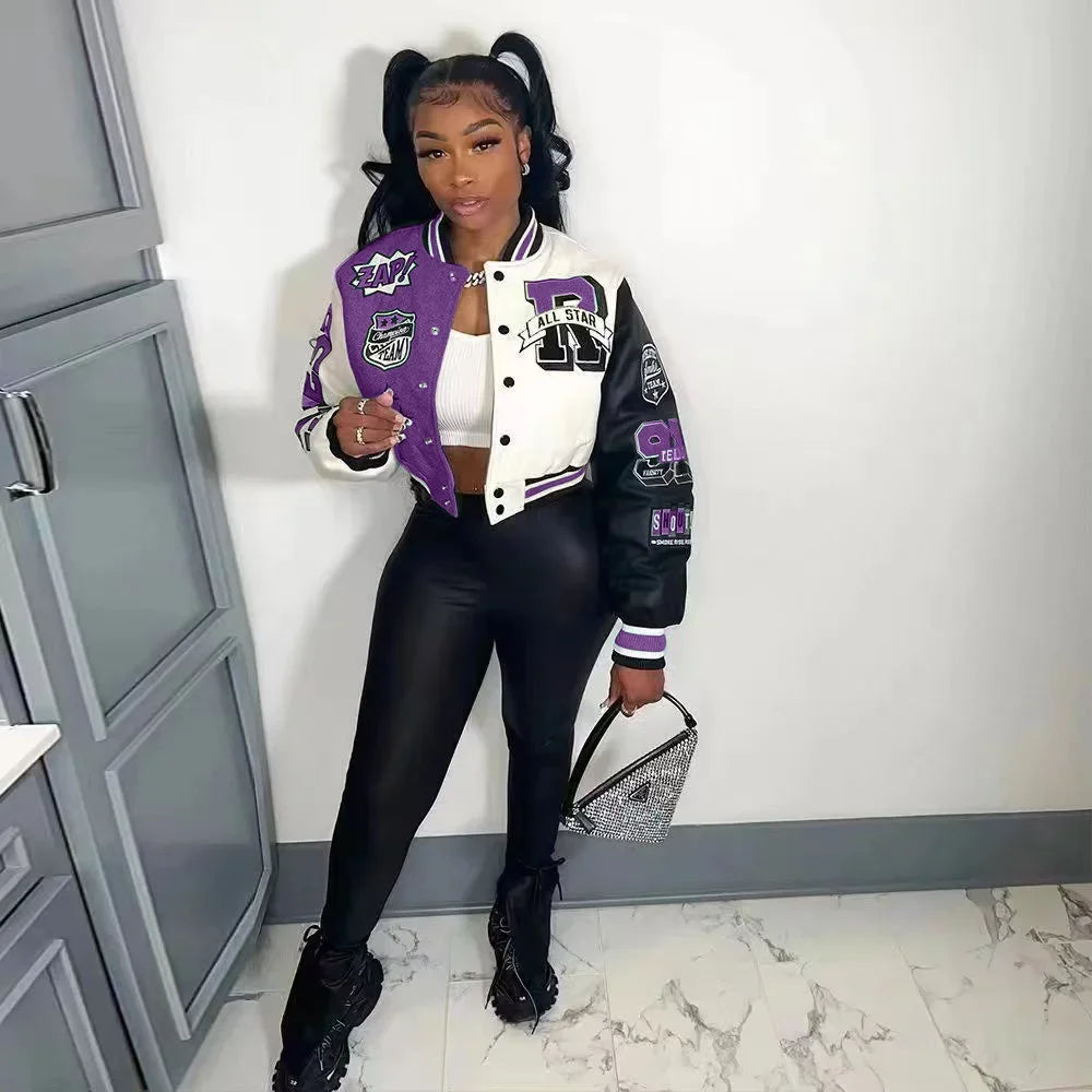 Colorblock Cropped Baseball Jacket