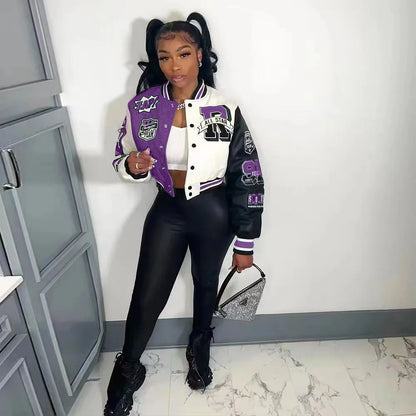 Colorblock Cropped Baseball Jacket