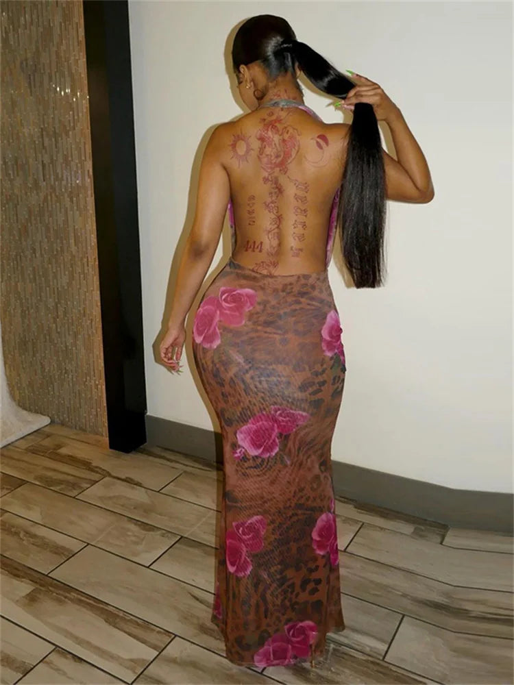 Vintage Halter Cleavage Backless Floral Dress