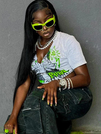 Graphic V Neck Midriff Crop Top