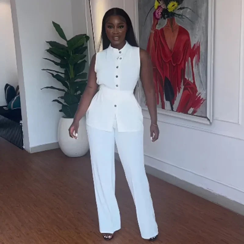 Sleeveless Belt Shirt Pant Suit