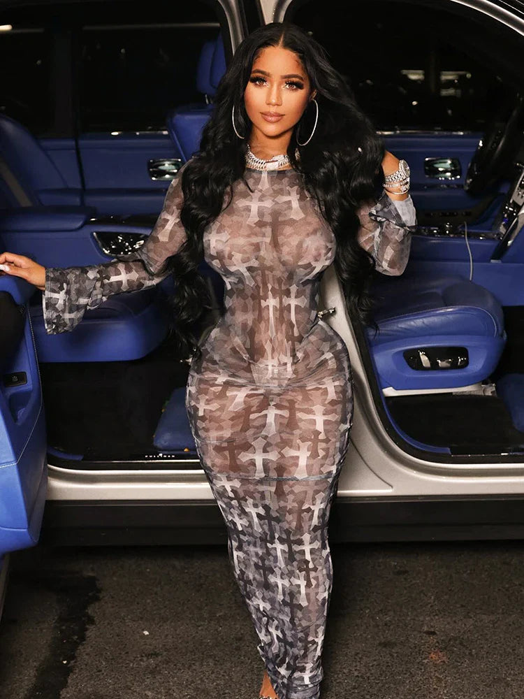 Mesh Print Colorblock Sheath Midi Dress