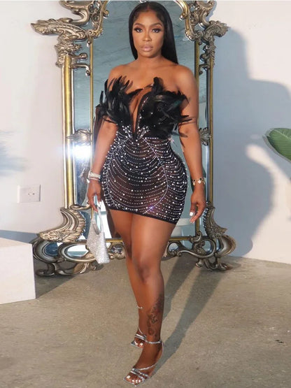 Feather Strapless V Neck Mesh Party Dress