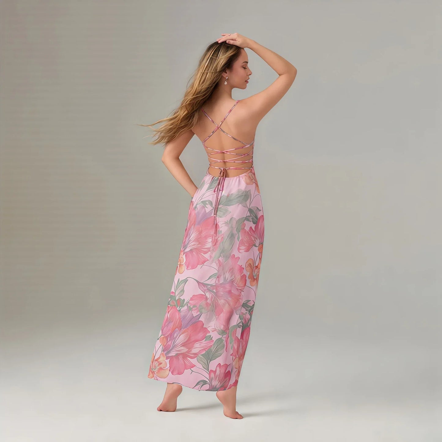 Cross Tie-up Backless Floral Dress