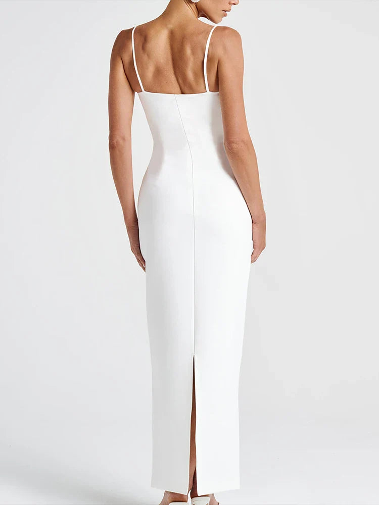 Slit Pearl Strap Patchwork Midi Dress