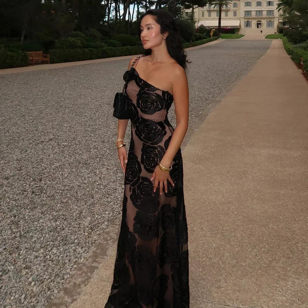 One Shoulder Mesh Flower Floral Dress