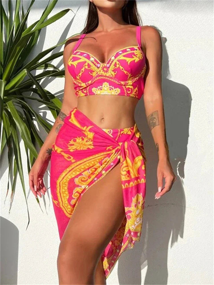 Print Sling High Waist Three Piece Swim Sets