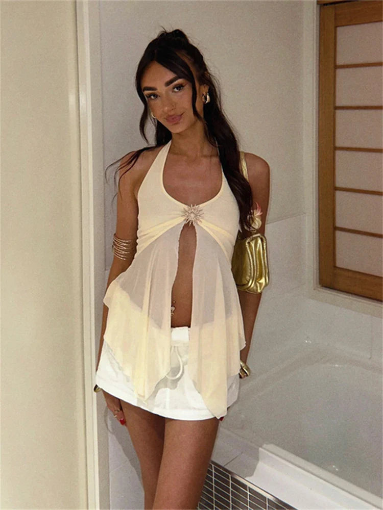 Tie-Back Patchwork Mesh Tank Sheer Top