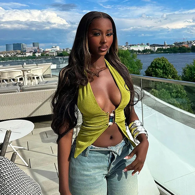 Halter V Neck Backless Ruched Cami Top