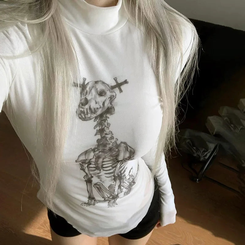 Skulls Print Mandarin Collar Sheer Top