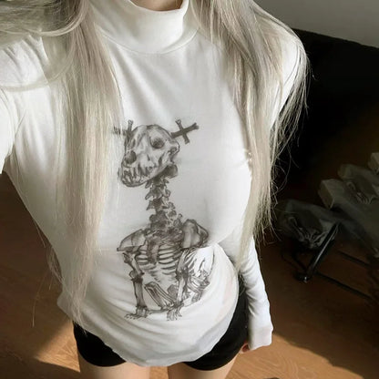 Skulls Print Mandarin Collar Sheer Top