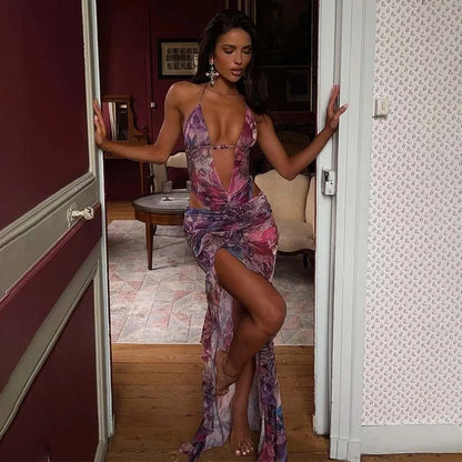 High Split Deep V Print Maxi Summer Dress