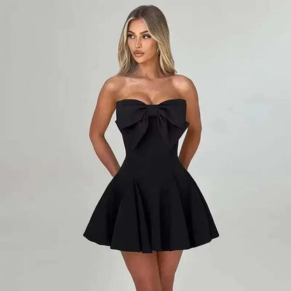 Pearl Bow Waist Wrap Backless Mini Dress