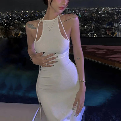 Tie Up Backless Solid Midi Dress