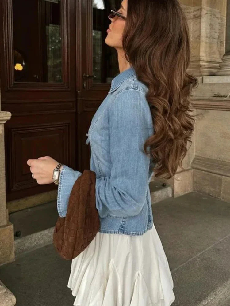Bow Tie Lace Up Denim Slim Fit Flare Blouse