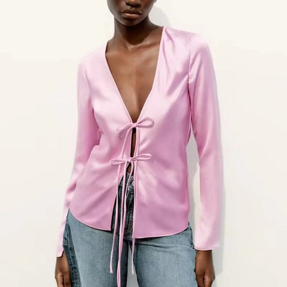 Women's Fashion V-neck Tie Up Bow Silk Satin Blouse