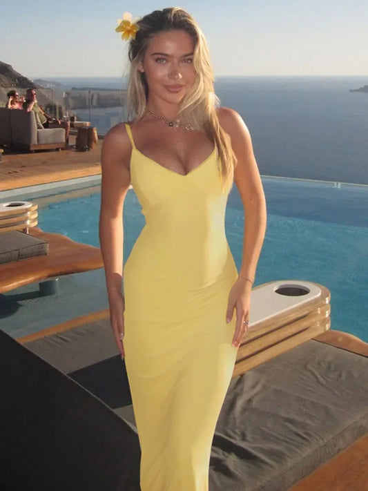 Yellow Spaghetti Strap Backless Bodycon Slip Dress
