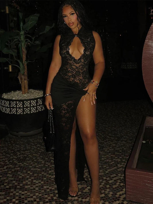 Embroidery Stand Collar Sheath Sheer Lace Dress