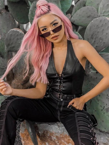 Sexy Solid Color PU Lace-up Y2K Slim Cami Top