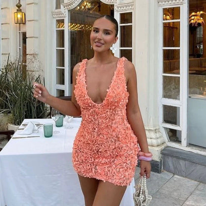 Applique Deep V Orange Bodycon Mini Dress