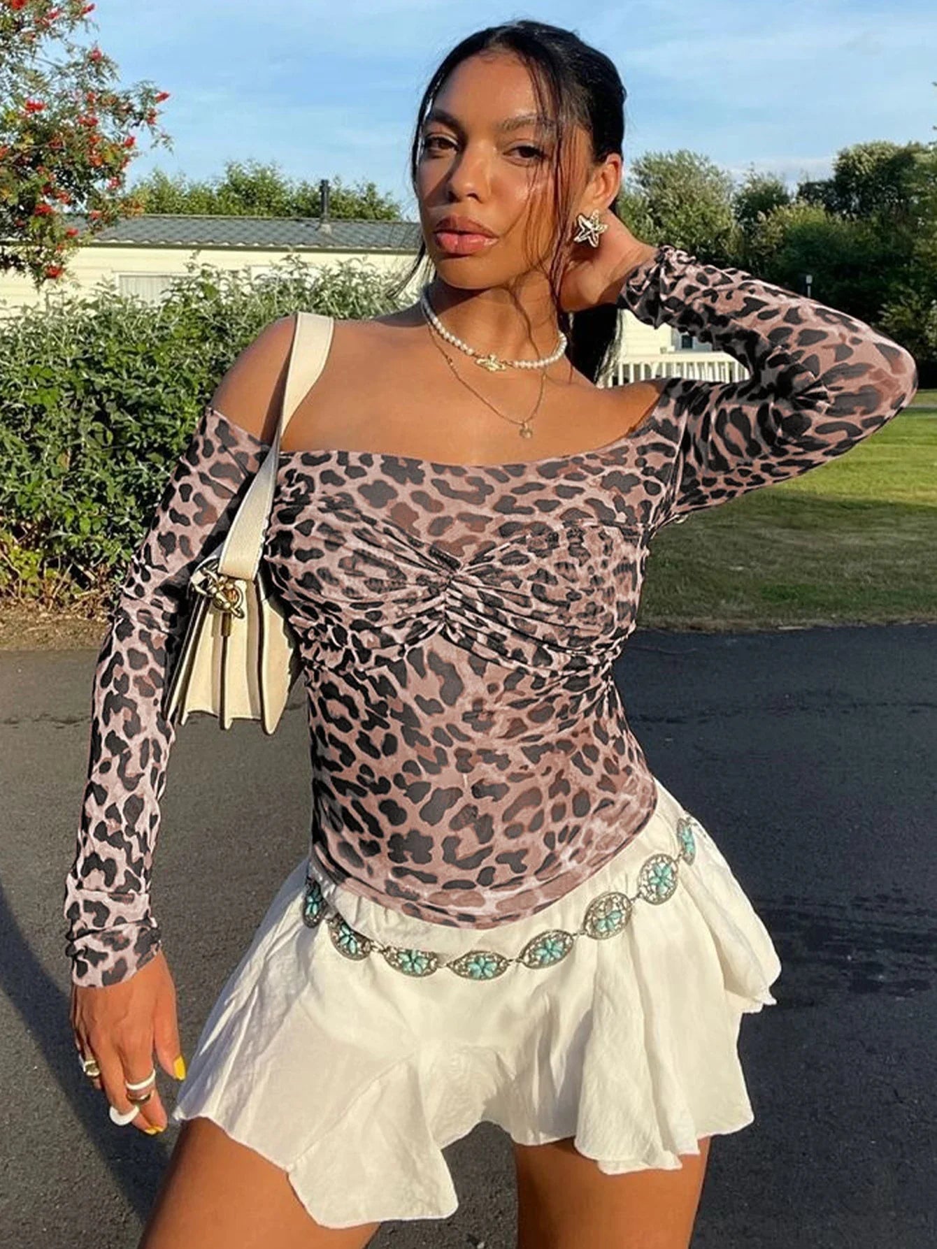 Leopard Off Shoulder Mesh Sheer Top