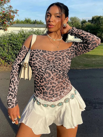 Leopard Off Shoulder Mesh Sheer Top