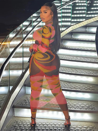 Mesh See Through Sleeve Midi Dress