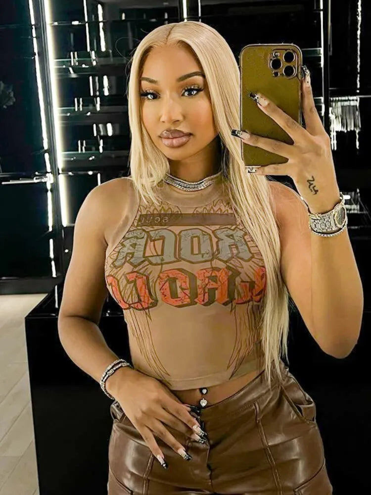 Y2K Letter Print Mesh Sheer Top