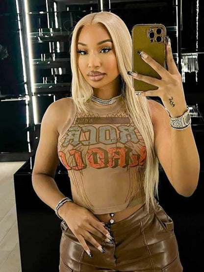 Y2K Letter Print Mesh Sheer Top