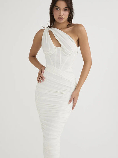 One Shoulder Ruched Midi Dress