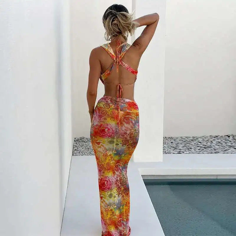 Slim Print Bodycon Maxi Long Summer Dress