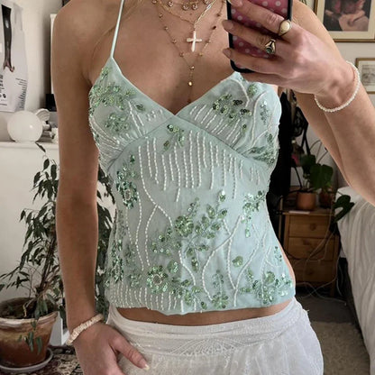 Sequin Beaded Backless Boho Halter Cami Top