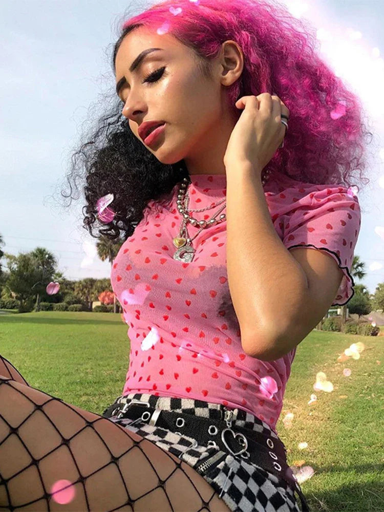 Mesh Heart Turtleneck Sheer Top