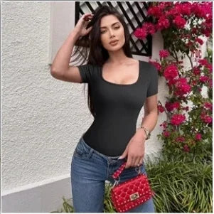 Ribbed Square Neck Sexy Thong Bodysuit Crop Top