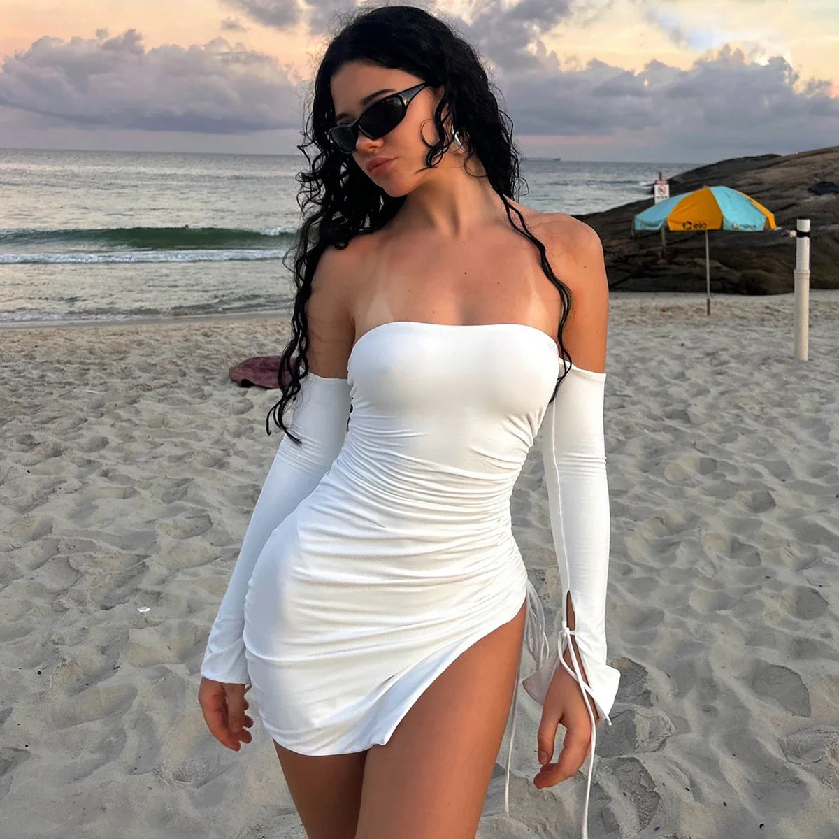 Lace Up Shirring Slit Mini Party Dress