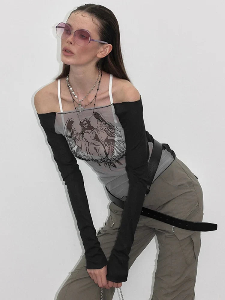 Knitted Mesh Character Print Sheer Top