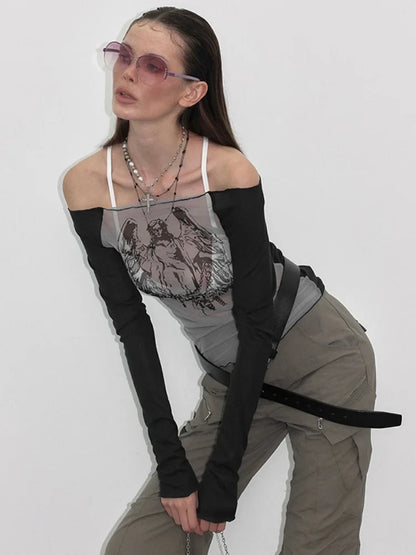 Knitted Mesh Character Print Sheer Top